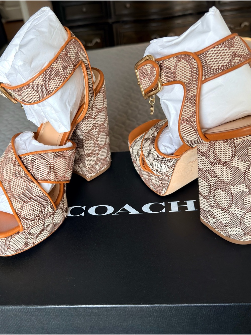Coach Brown & Cream Canvas Platform Sandals with Ankle Strap - Picture 4 of 10